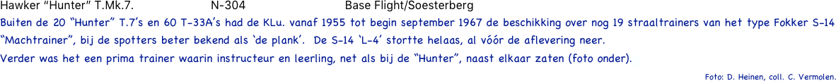 Hawker “Hunter” T.Mk.7.                        N-304                               Base Flight/Soesterberg
Buiten de 20 “Hunter” T.7’s en 60 T-33A’s had de KLu. vanaf 1955 tot begin september 1967 de beschikking over nog 19 straaltrainers van het type Fokker S-14 
“Machtrainer”, bij de spotters beter bekend als ‘de plank’.  De S-14 ‘L-4’ stortte helaas, al vóór de aflevering neer. 
Verder was het een prima trainer waarin instructeur en leerling, net als bij de “Hunter”, naast elkaar zaten (foto onder). 
                                                                                                                                                                   Foto: D. Heinen, coll. C. Vermolen.